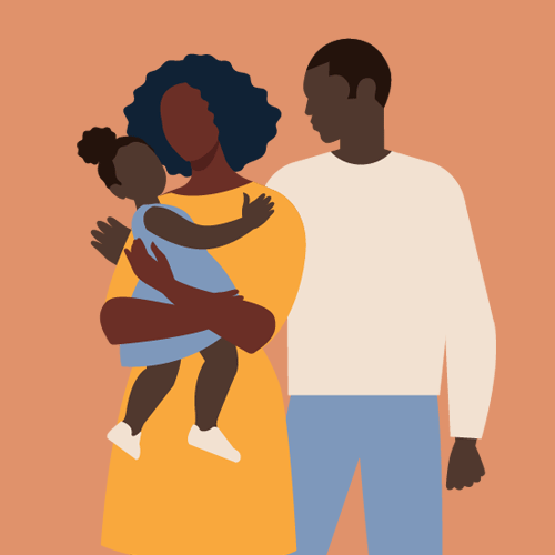 illustration, man woman and child in her arms
