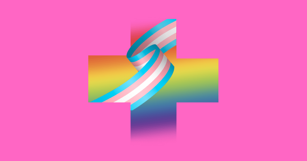 A healthcare cross with a rainbow pride flag background and a transgender pride ribbon